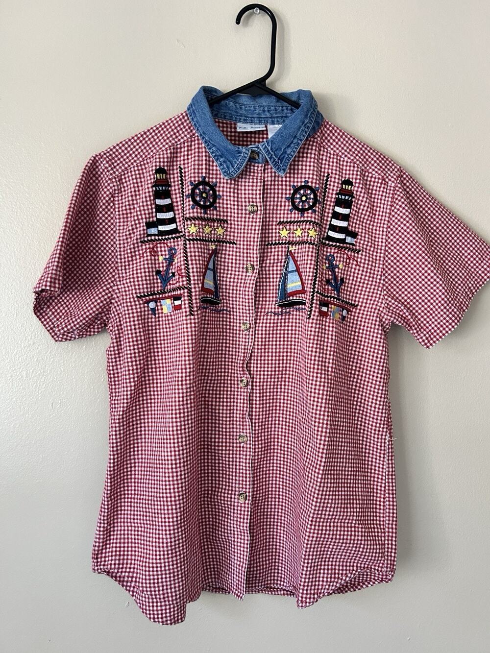 Vintage Bobbie Brooks Red Gingham Nautical Embroidered Denim Collar Shirt L